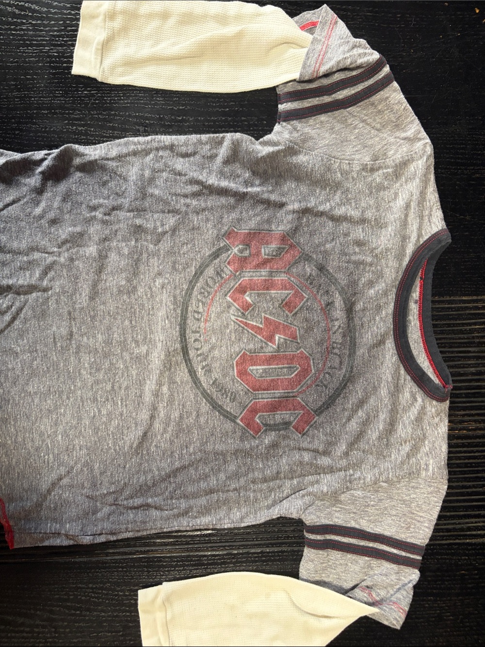 AC/DC Grey Ringer Tee with Cream Sleeves and Red Logo